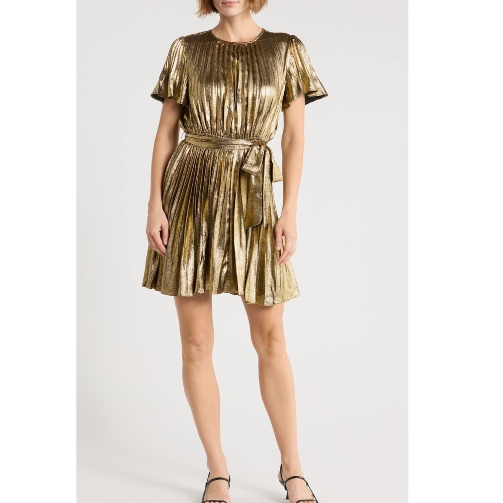 Sam Edelman Gold Foil Metallic Plisse Mini Dress Short Sleeve Pleated Size 6 NEW
